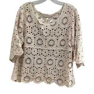 Ultra Pink Ivory Crochet Lace Boho Festival Beach Cover Up Top Size Large